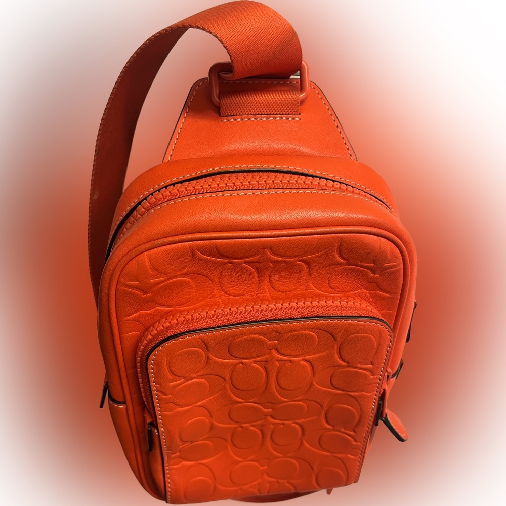 AUTHENTIC COACH ORANGE SIGNATURE EMBOSSED LEATHER TRACK PACK 14 #CH072